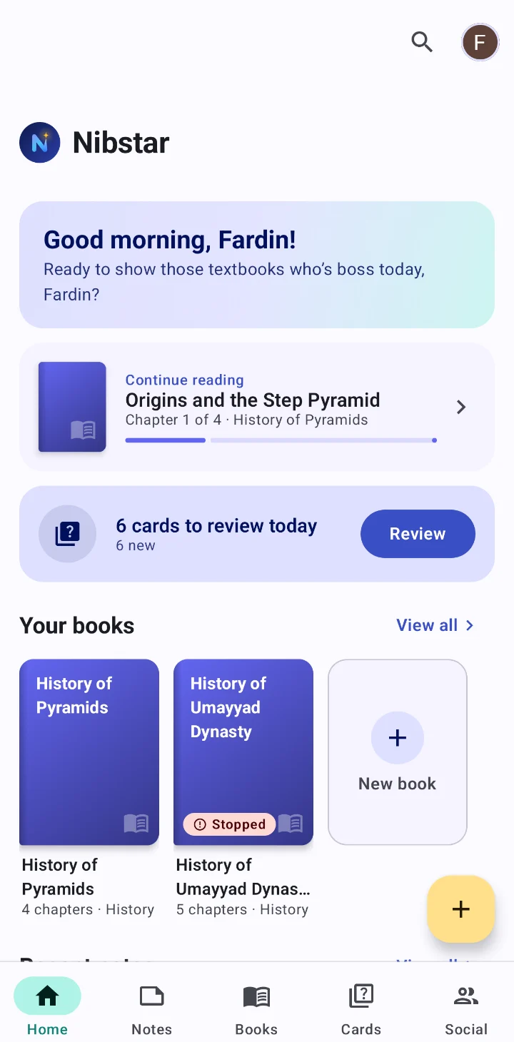 Nibstar home screen: continue reading, six cards to review today, and your study books