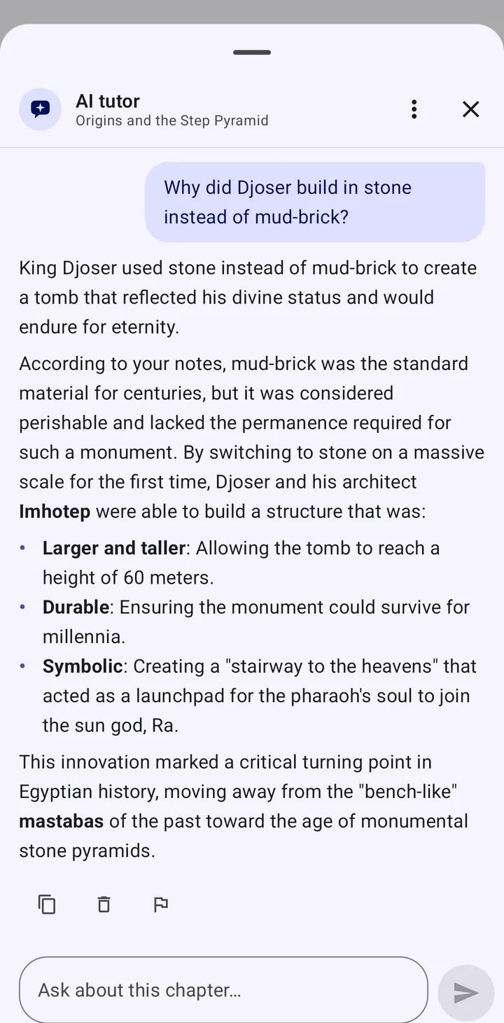 The AI tutor explaining why Djoser built in stone, citing the student's notes